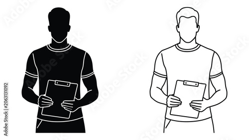 Cuadro en lienzo Man Holding Clipboard Silhouette And Outline Black And White Vector