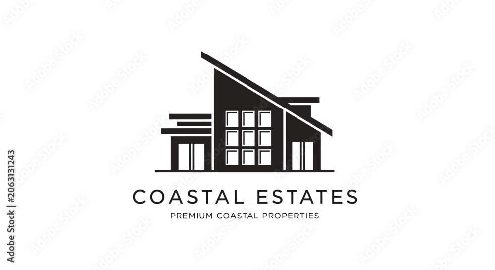 Fototapeta premium Modern Architectural Logo for Coastal Estates Featuring a Stylized House Design with the Text 'Coastal Estates Premium Coastal Properties'