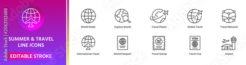 Obraz na plátně travel world globe icon line style editable stroke international tourism vector