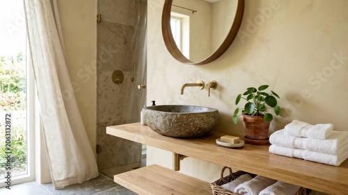 Slow pan tracking shot of bathroom vanity with stone sink and round mirror as sheer curtain billows at window in modern rustic home with warm morning light