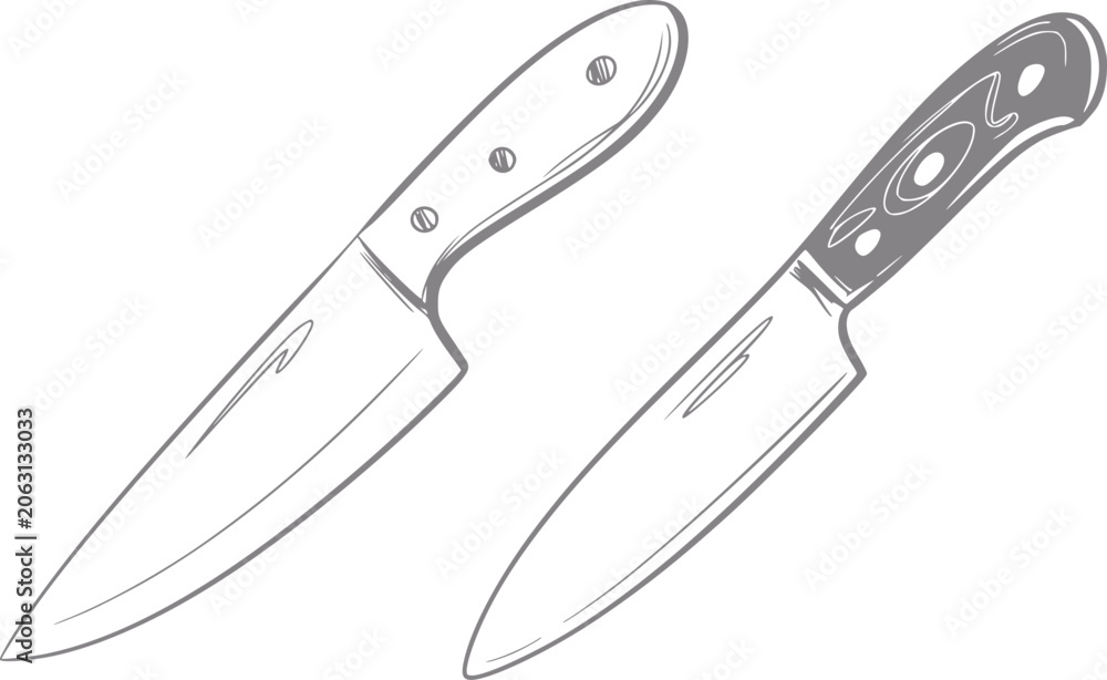 Obraz premium Hand-drawn of two kitchen knives on a white background