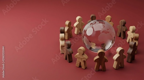 Wooden human figures standing in a circle around a glass globe on red background