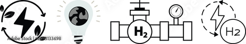 Hydrogen energy and clean technology icon set featuring fuel cells, hydrogen molecules, renewable power, eco innovation, and sustainable energy symbols in modern vector style.