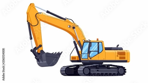 Tracking shot of yellow excavator lifting and swinging bucket while tracks roll across construction site with arm extending and cabin rotating on white background during daytime