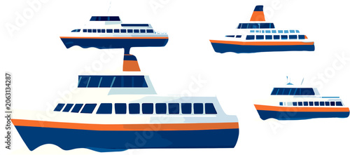 Bild auf Leinwand Illustration of four stylized ferries with blue hulls and orange and white superstructures, depicted against a white background