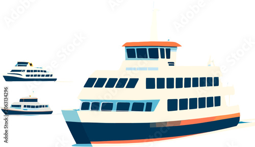 Fotografía A large ferryboat is depicted alongside two smaller ferryboats, showcasing different sizes and designs of passenger vessels