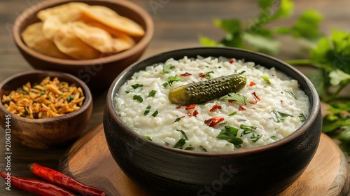 Healthy bowl of white rice with herbs and side condiments.