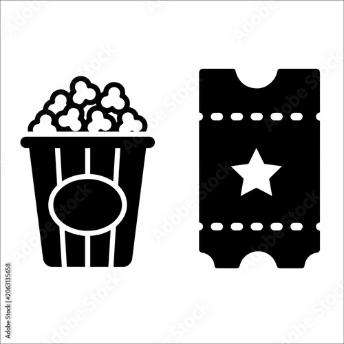 Black and white cinema ticket and popcorn bucket icon set for movie night