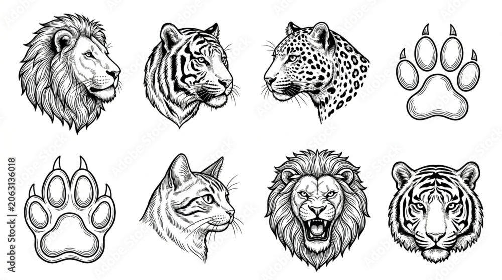 Obraz premium Collection of Big Cat Heads and Paw Prints Sketch Style.