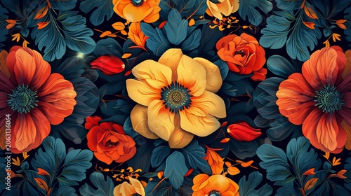 Floral patterns in a geometric art style, blending nature's beauty with structured shapes and symmetry