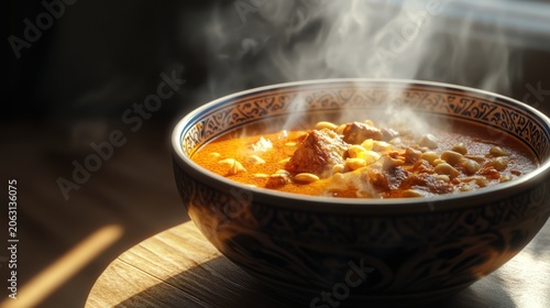 Hearty bowl of steaming spicy beef stew or soup on wooden surface with warm lighting.