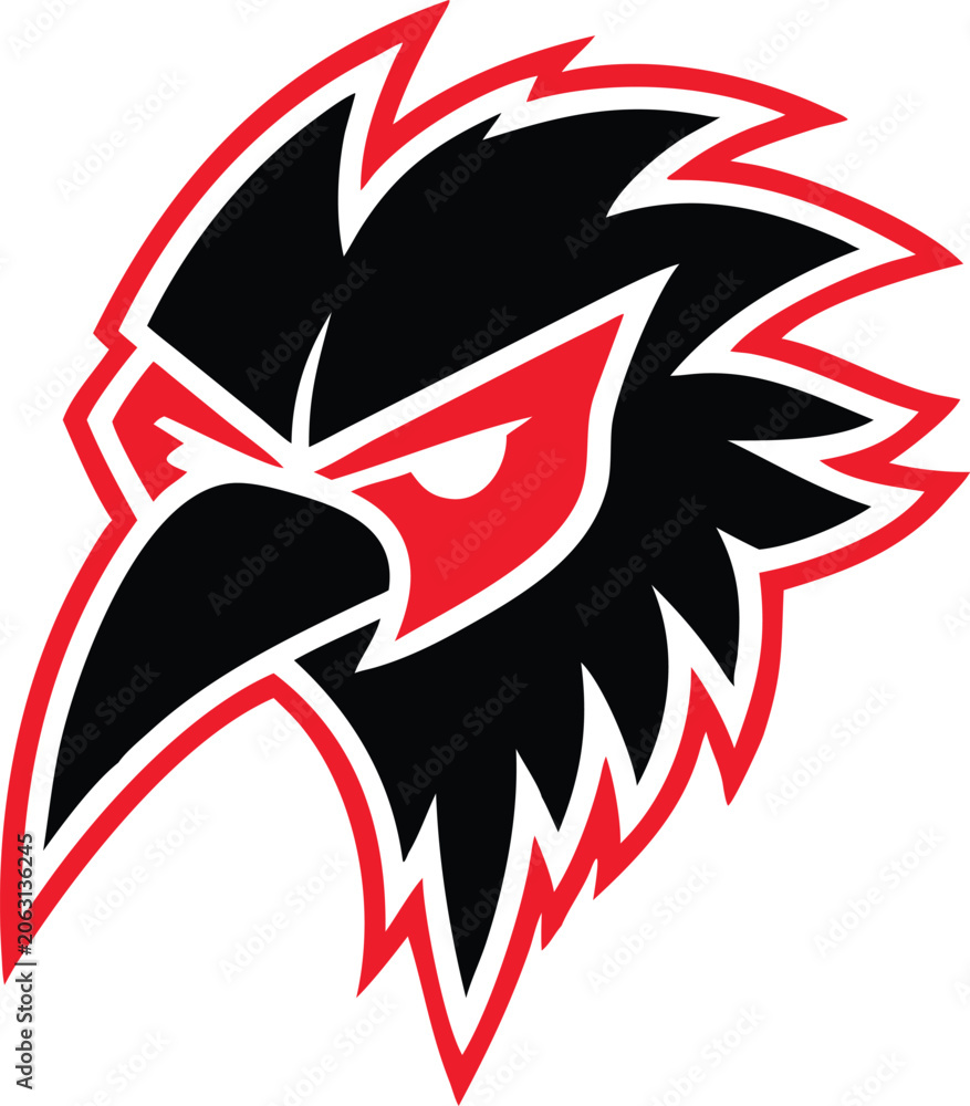 Fototapeta premium Intense black bird head logo with fiery red eyes conveying strength and determination for your business