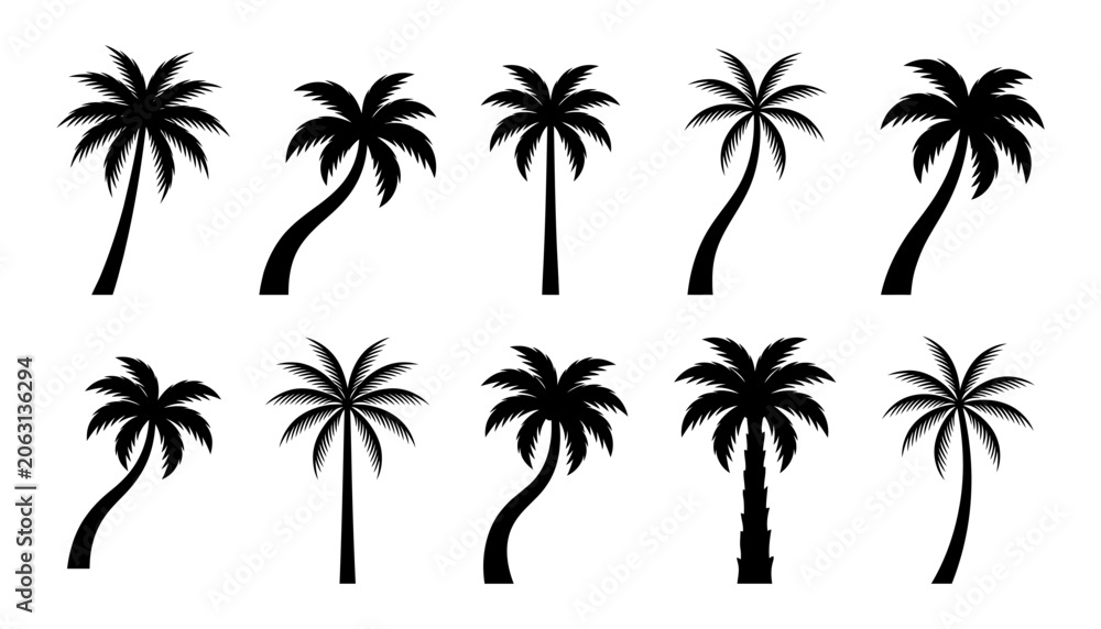 Fototapeta premium Set of black silhouettes of palm trees