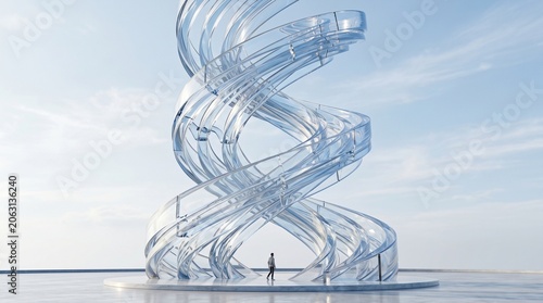 Futuristic translucent spiral architecture structure with glass twisted design and monument sculpture on blue sky