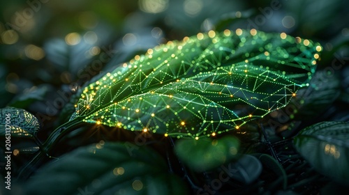 Green leaf with luminous 3D tech mesh, illustrating technological advancements in sustainable energy and environmental care.