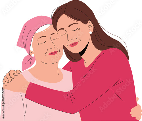 Young woman hugging her senior mother with cancer wearing a pink headscarf
