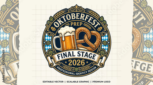 Vintage Oktoberfest badge design with beer mug and pretzel vector illustration