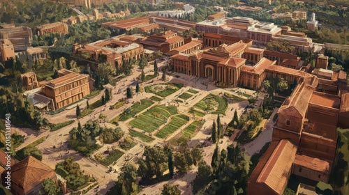 High angle view of a grand Mediterranean estate with classic architecture and formal gardens.