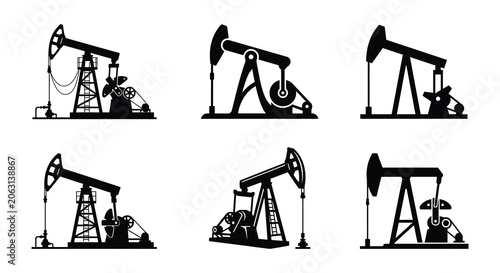 Foto Oil pump silhouettes black vector graphics on a white background