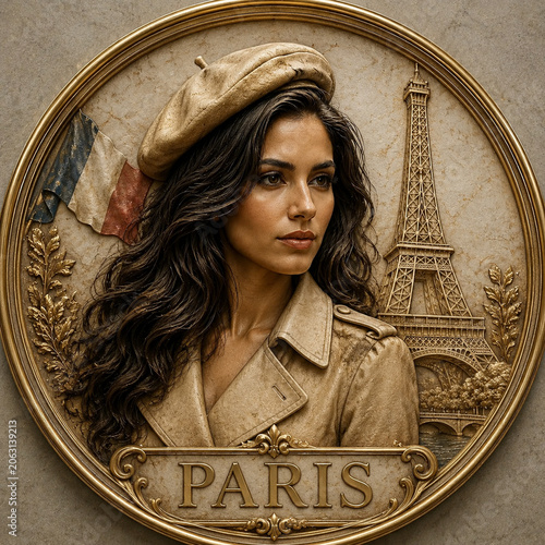 AI-Generated Bronze Medallion Portrait of Parisian Woman with Eiffel Tower