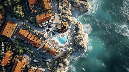 High angle view of a Mediterranean coastal village with red-roofed buildings on cliffs.