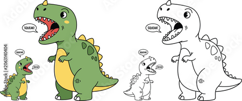 Canvas-taulu Adorable Cartoon T-Rex Dinosaur Parent and Baby Squeaking Cute Dino Family Illus