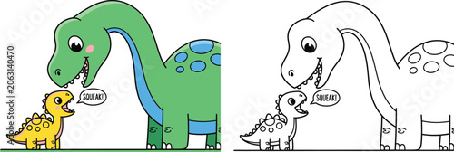 Canvas-taulu Cute Cartoon Brontosaurus and Baby Dinosaur Squeaking Friendly Dino Pair Illustr