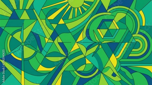 Abstract green geometric art urban studio digital design contemporary environment aerial view eco-friendly concept