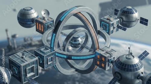 Exploring futuristic space stations outer space digital art sci-fi environment aerial view cosmic technology