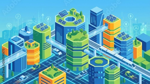 Sustainable urban development smart city digital art futuristic landscape aerial view eco-friendly concept
