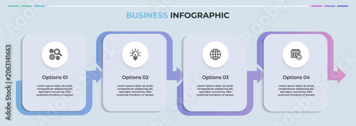 Fotografie Business Infographic Template - 4 Step Process Workflow with Curved Arrows and G