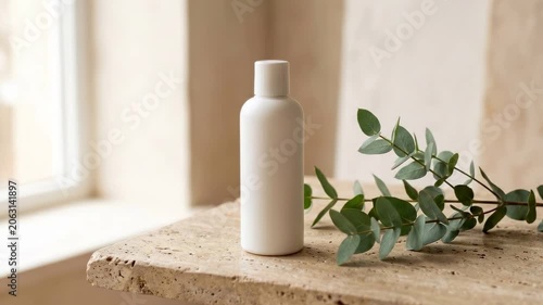 Tracking shot of cosmetic bottle resting on stone windowsill with eucalyptus branch in soft natural morning light, neutral interior