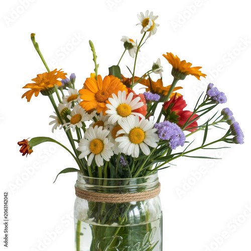 A arrangement of assorted wildflowers including orange calendula and white daisies in a clear glass mason jar