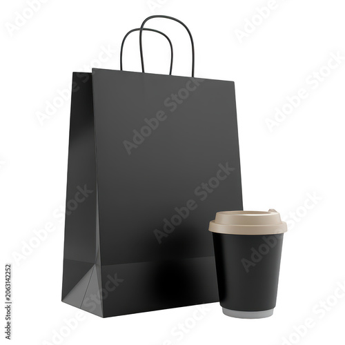 A black paper shopping bag with handles next to a black disposable coffee cup with a beige lid, isolated on a white background, retail concept
