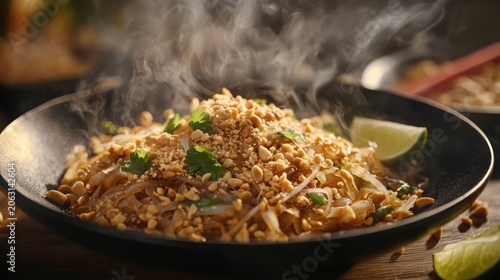 Hot pad thai noodles in a bowl with visible steam and lime garnish.