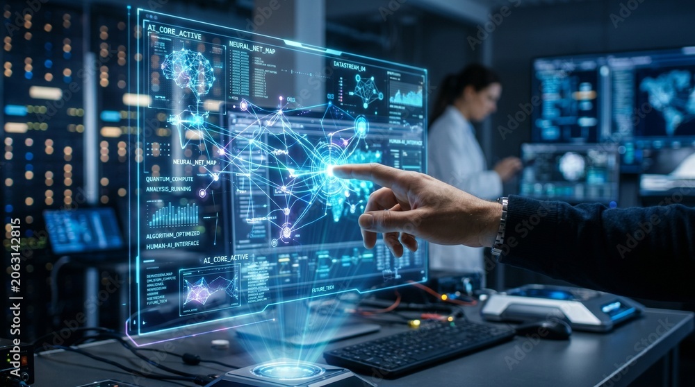 Fototapeta premium Professional woman analyzing digital data dashboard in high-tech control room with futuristic interface