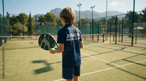 Boy walking on tennis court holding padel racket, relaxed sports moment, kids sports concept.
