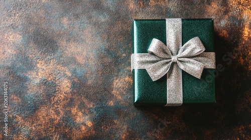 Lustrous Emerald Gift with a Shimmering Silver Bow on a Rustic, Textured Surface