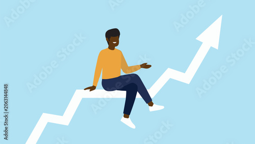 Vector illustration of a person sitting on an ascending stock market curve – growth concept