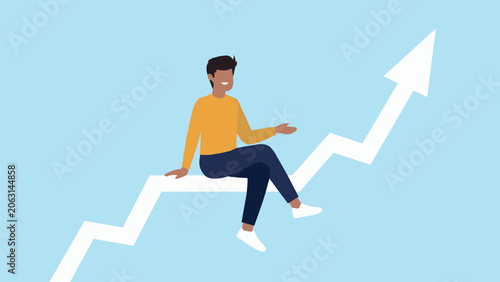Vector illustration of a person sitting on an ascending stock market curve – growth concept