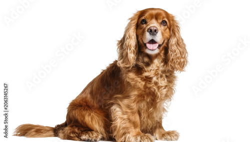 Golden brown Cocker Spaniel dog sitting with tongue out