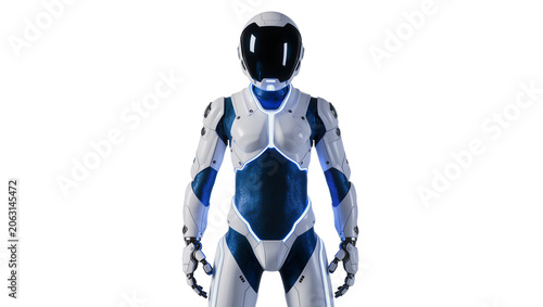 Futuristic humanoid robot with white and blue armor