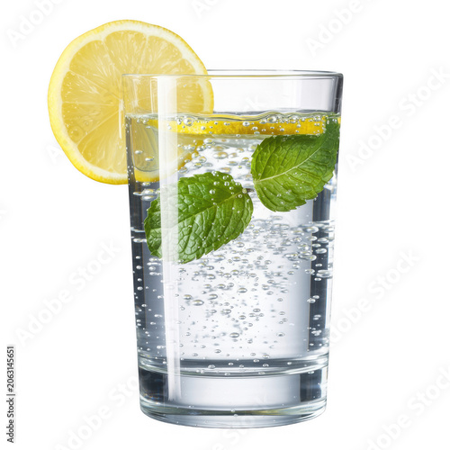 A clear glass of sparkling water with ice cubes, fresh green mint leaves, and a bright yellow lemon slice on a transparent background