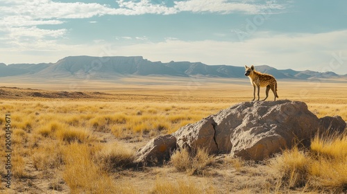 Hyena standing alert on a rocky mound in a vast african savanna with distant plateaus.