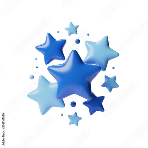 A cluster of multiple blue stars and small spheres floating in a group, rendered in a3d style with smooth glossy surfaces on a transparent