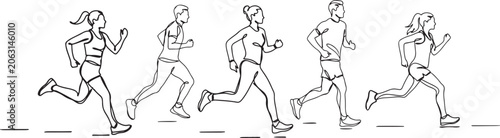 Continuous line drawing of energetic running of women and men. Healthy sports training concept one line vector illustration