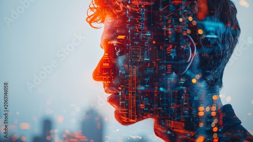 Double exposure of a man with AI technology, blending human and digital elements, with clear text copy space.