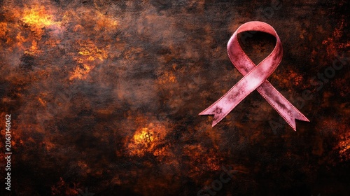 Solitary Pink Ribbon of Hope Against a Dark, Fiery, Corroded Metal Background