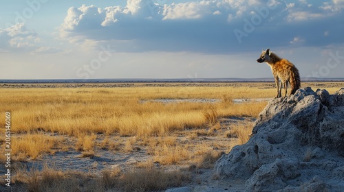 Hyena perched on a large rock overlooking a vast golden savanna at dusk.