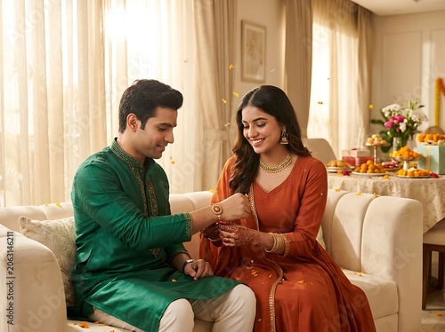 Indian brother and sister celebrating raksha bandhan festival at home